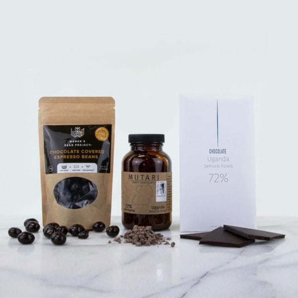 Corporate chocolate gift boxes: Chocolate-covered espresso beans, fair trade chocolate bar and single-sourced craft drinking chocolate.