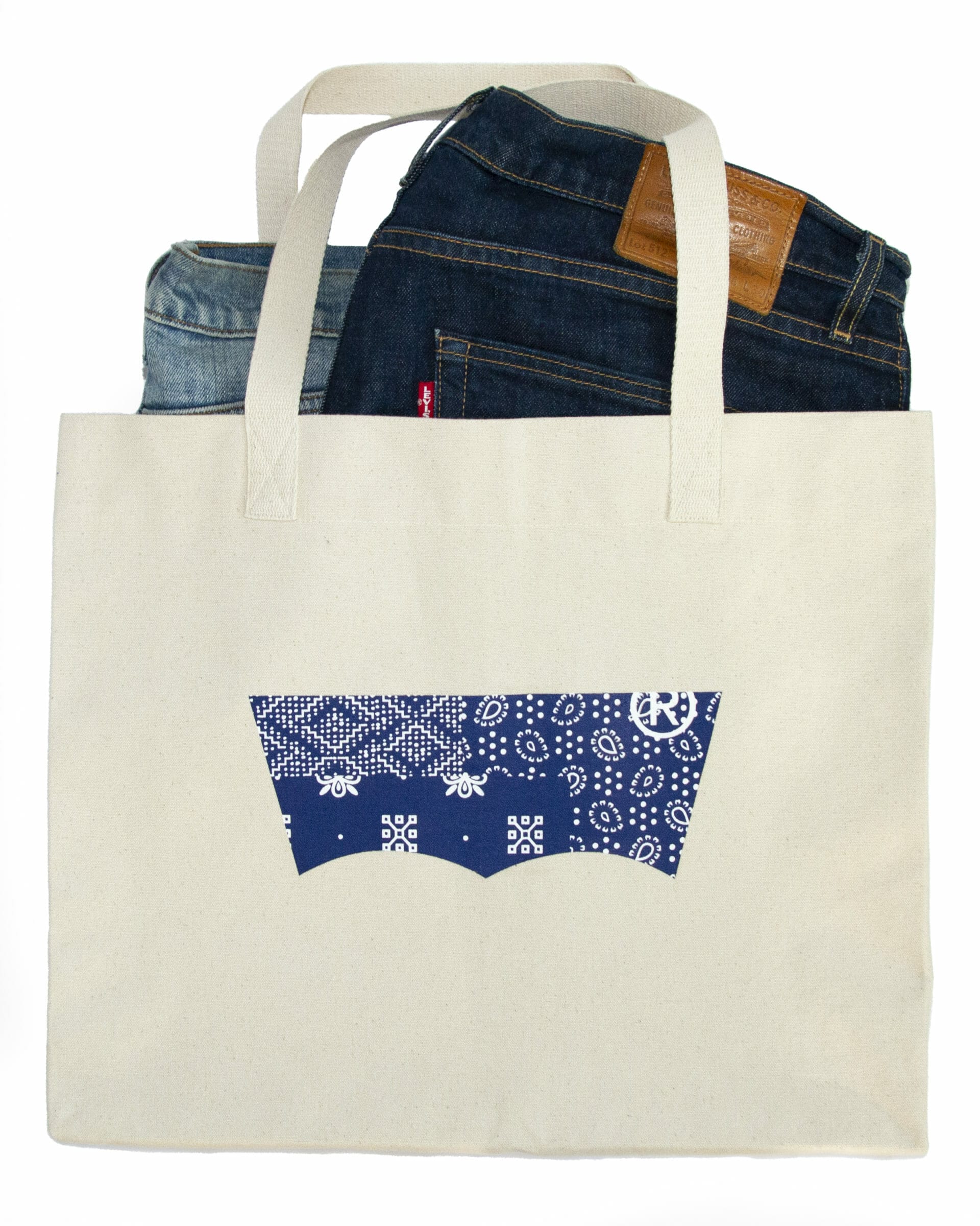 Levis branded reusable shopping bags bulk with two pairs of jeans inside