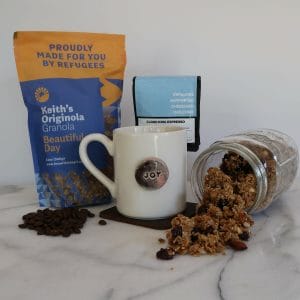 Elevate your corporate coffee gifts with the Breakfast Joy gift set, including a coaster, granola, and a mug.