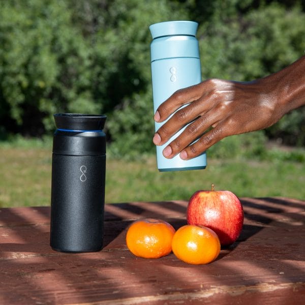 The Brew flask is one of our branded coffee gifts. It comes in several colors, like black and light blue shown.