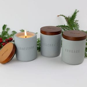 Set of 3 candles for coworkers shown in Gratitude, Celebrate, and Courage.