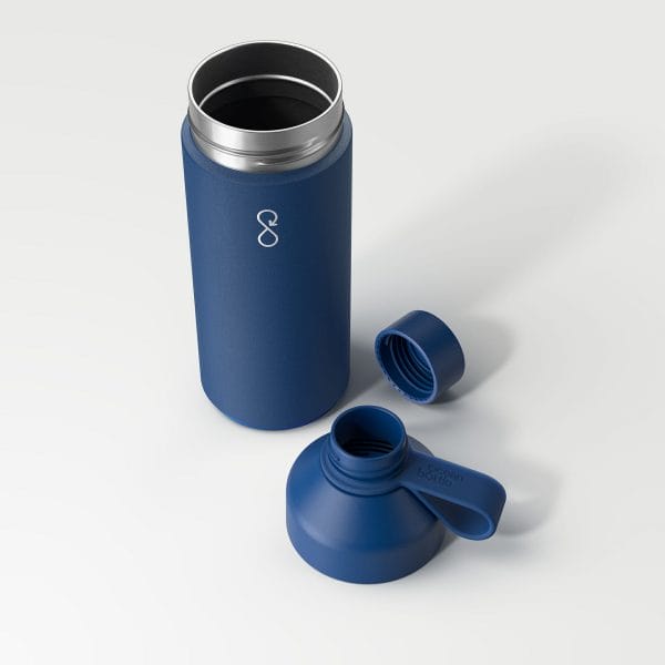 Disassembled custom metal water bottle with logo in blue