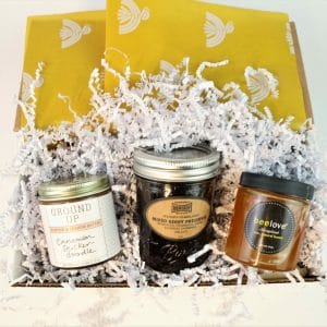 Our jam and honey gift set can come packed in a ship-ready box with tissue paper and crinkle.